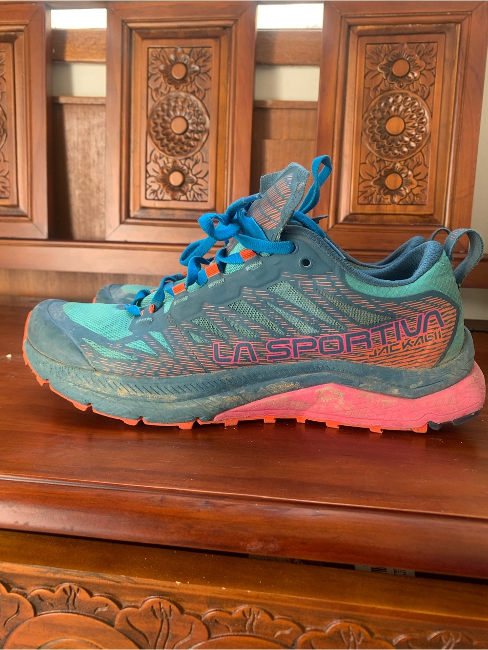 La Sportiva Women's Trail Running Shoe in Teal, Blue and Pink